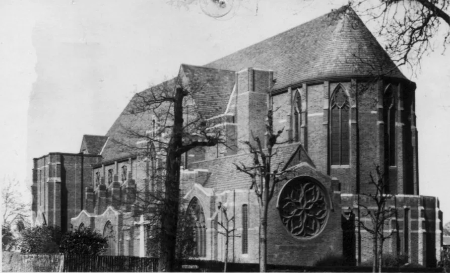 The newly built St Barnabas Church, seen from Pitshanger Lane around 1916.