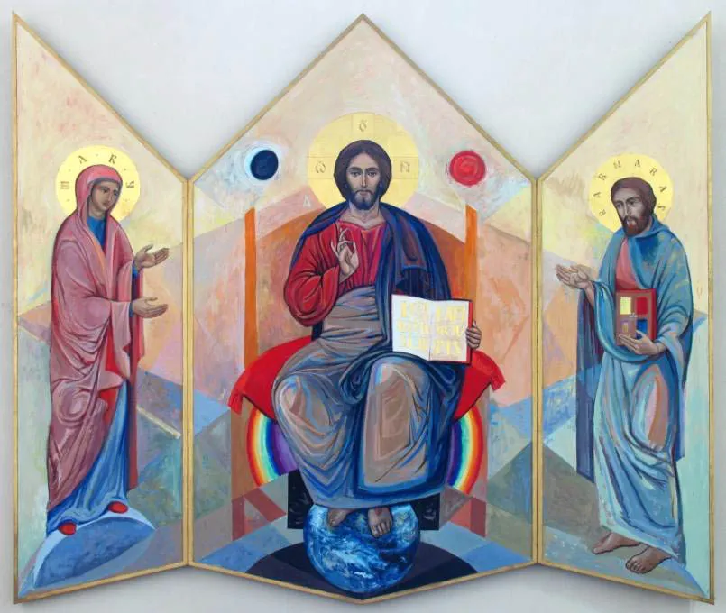 The painted triptych in the Lady Chapel, its haloes in gold leaf.