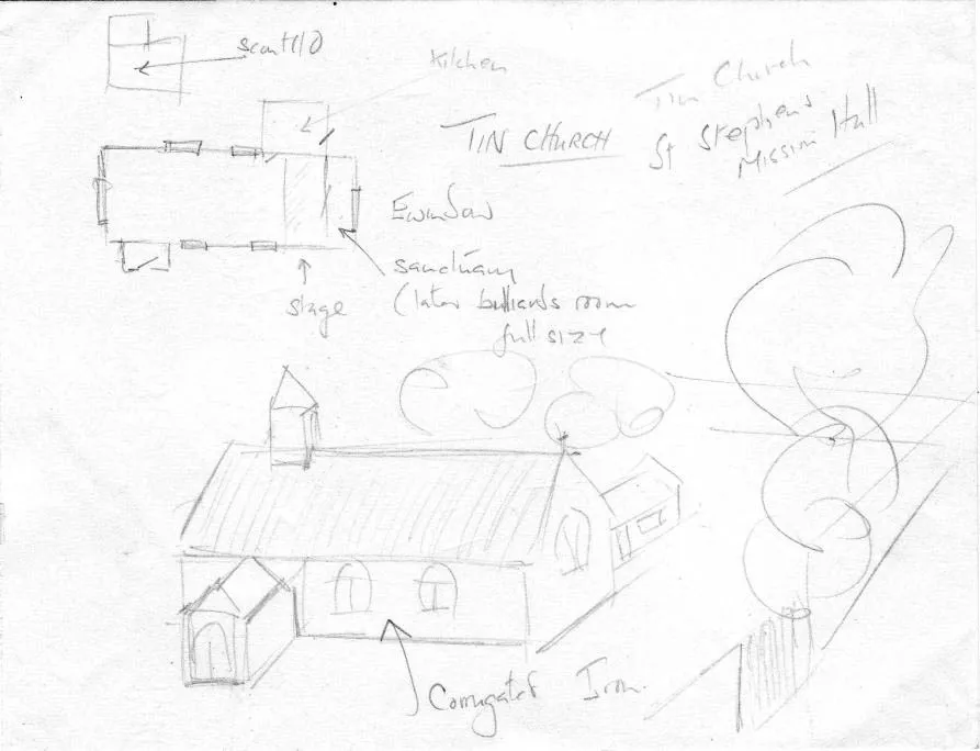 A drawing of the corrugated-iron “Tin Church” on the corner of Pitshanger Lane.