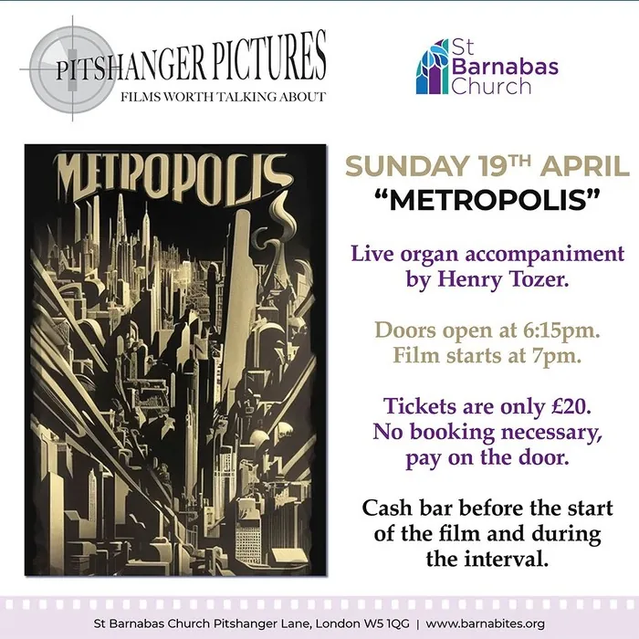 Poster for Pitshanger Pictures' screening of Metropolis on 19 April, with live organ accompaniment
