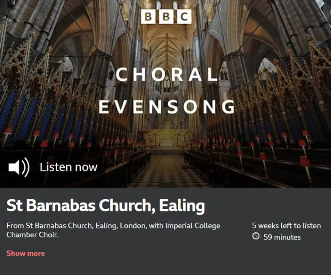 BBC Radio graphic for the Choral Evensong broadcast from St Barnabas Church