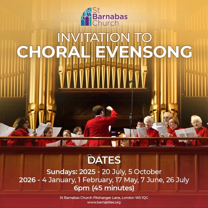 Poster inviting worshippers to Choral Evensong, showing the choir before the organ pipes