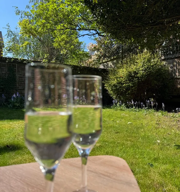 Two glasses of sparkling wine on a table in a sunlit garden