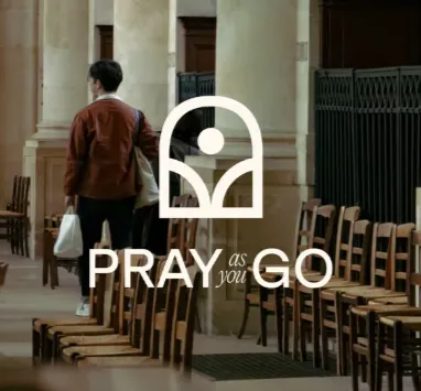Pray as you Go app graphic of a figure walking through a colonnade of chairs