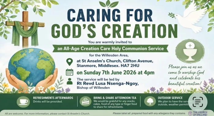 Poster for a Creation Care service, showing a cross, globe and dove