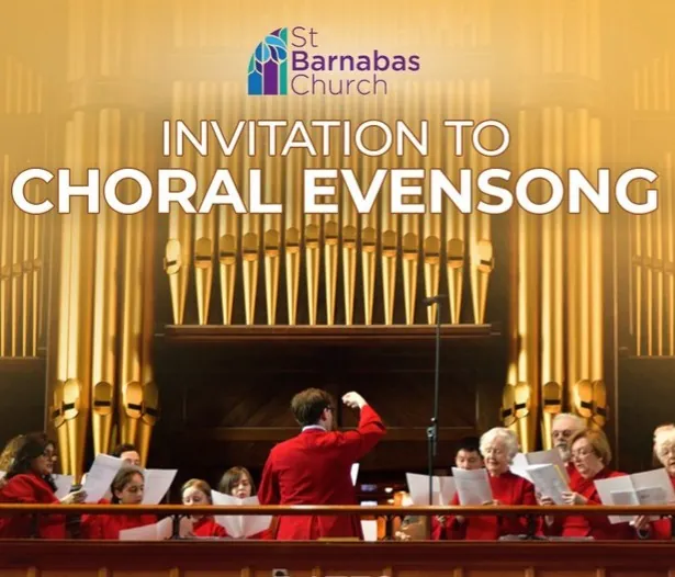 Poster inviting worshippers to Choral Evensong, with the choir singing before the organ pipes