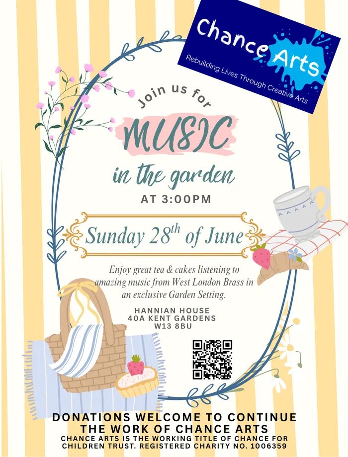 Poster for a Chance Arts 'Music in the Garden' tea party fundraiser