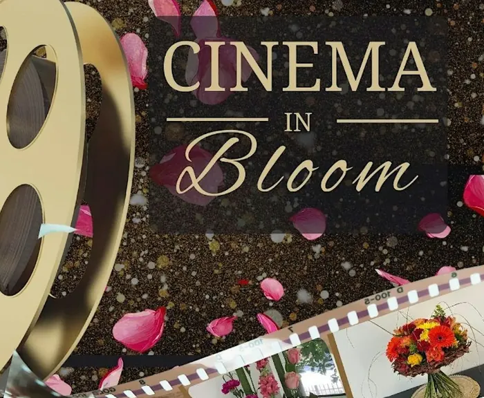 Graphic for the 'Cinema in Bloom' flower festival, with a film reel and rose petals